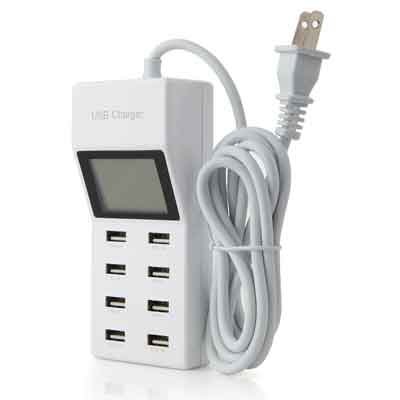 Ổ cắm sạc USB 8 cổng, điện áp đầu vào 100-240V 50-60HZ, đầu ra 5V/8A, màn hình led hiển thị trạng thái sạc