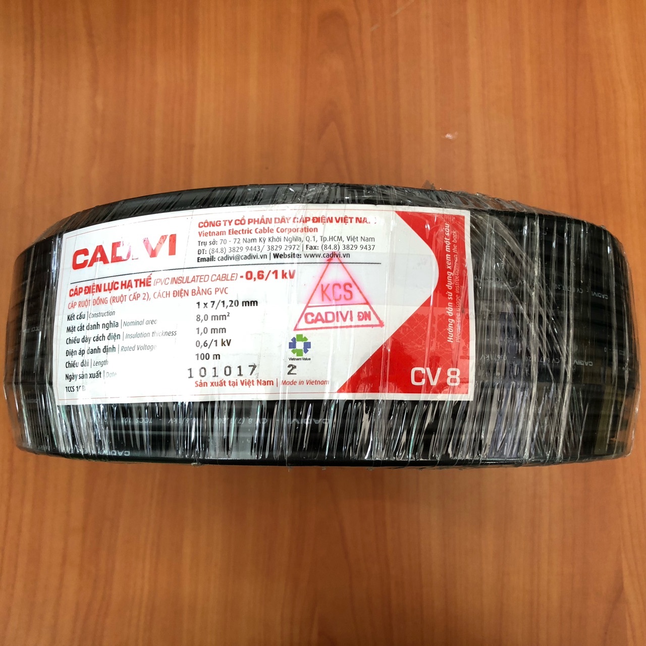 Dây Cáp điện lực hạ thế Cadivi CV 8.0 màu đen, ruột đồng vỏ PVC cuộn 100 mét, giá tính theo mét