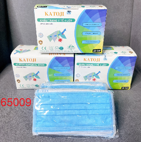Khẩu trang y tế 4 lớp giấy kháng khuẩn Katoji màu xanh, hộp 50 cái