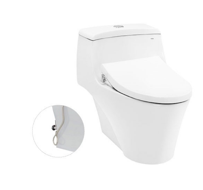 Bàn cầu một khối Toto MS823DRE4, kèm nắp rửa cơ Ecowasher TCW1211A. Phụ kiện bao gồm bích nối sàn, van dừng và dây cấp