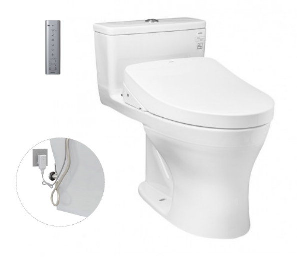 Bàn cầu một khối Toto MS855DW11, kèm nắp rửa điện tử WASHLET dòng S7. Phụ kiện bao gồm ích nối sàn, van dừng