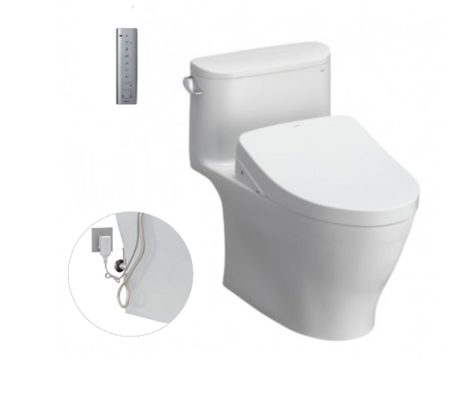 Bàn cầu một khối Toto MS887RW11, kèm nắp rửa điện tử WASHLET dòng S7. Phụ kiện bao gồm bích nối sàn, van dừng (