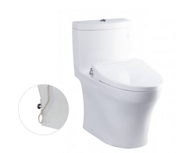 Bàn cầu một khối Toto MS889DRE2, nắp đóng êm kèm vòi rửa nước lạnh TCW07S. Phụ kiện bao gồm bích nối sàn, van dừng