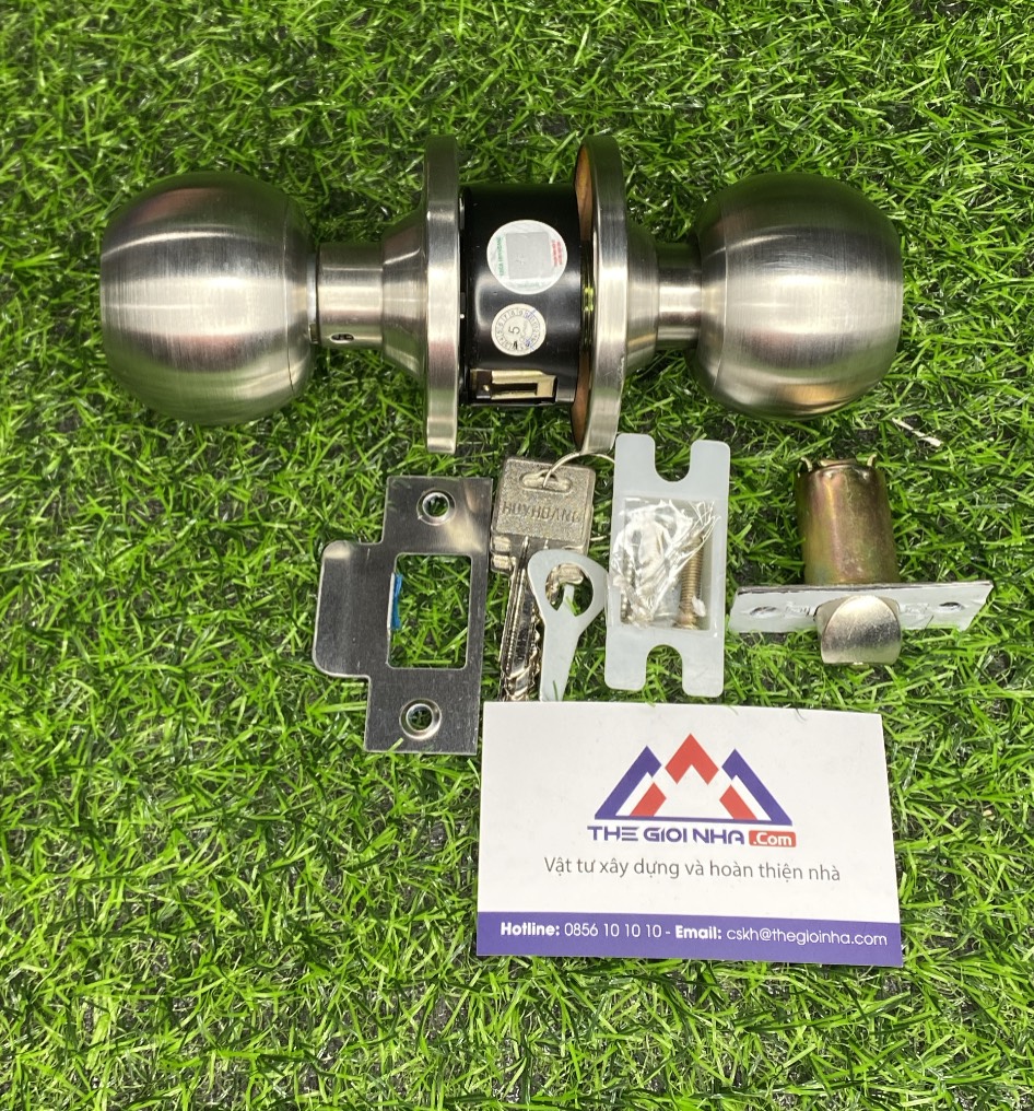 Bộ khóa tay nắm tròn màu bạc then ngắn, chất liệu tôn thép mạ Ni+Cr và inox 304, lõi khóa bằng đồng thau
