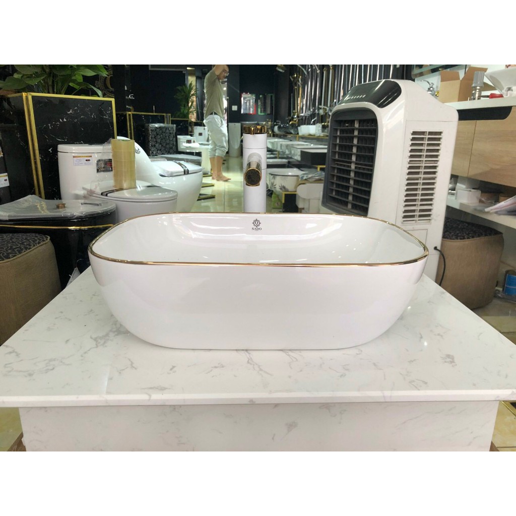 Chậu sứ bàn đá viền vàng to - 8151C 500*405*140