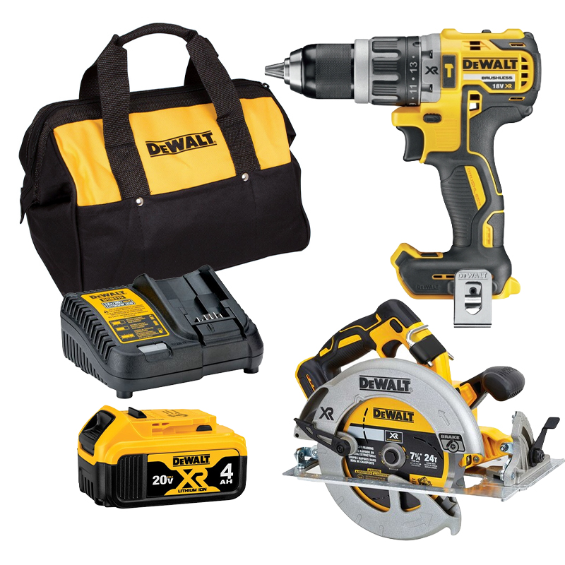 Combo Dewalt – Thân Máy Cưa Đĩa + Thân Máy Khoan Pin + Pin 18V/4.0Ah + Đế Sạc + Túng Dụng Cụ