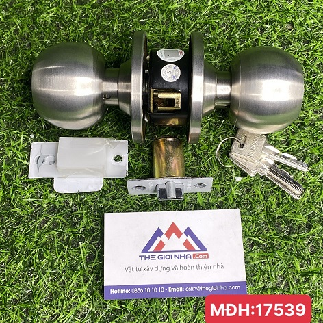 Bộ khóa tay nắm tròn màu bạc then ngắn, chất liệu tôn thép mạ Ni+Cr và inox 304, lõi khóa bằng đồng thau