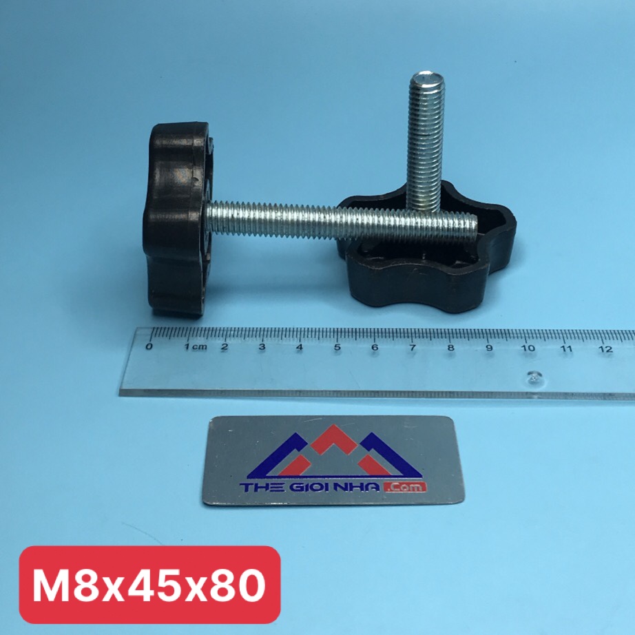 Bu lông có núm vặn nhựa M8, KT M8x45x80 (Đường kính ren M8 x Đường kính ngoài đầu hình sao 45mm x dài phần ren 80mm)