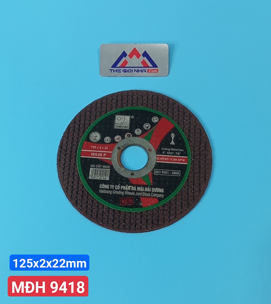 Đá cắt inox 125, thương hiệu DAMAHAD Hải Dương, kích thước 125x2x22mm, đóng gói 50 viên/hộp