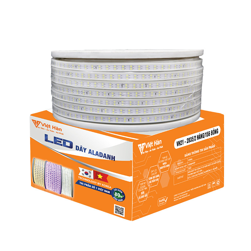 Led dây Aladanh Việt Hàn 7-7.5w/m VH21N 2835/2 hàng/156 bóng, điện áp AC220V, ánh sáng tím