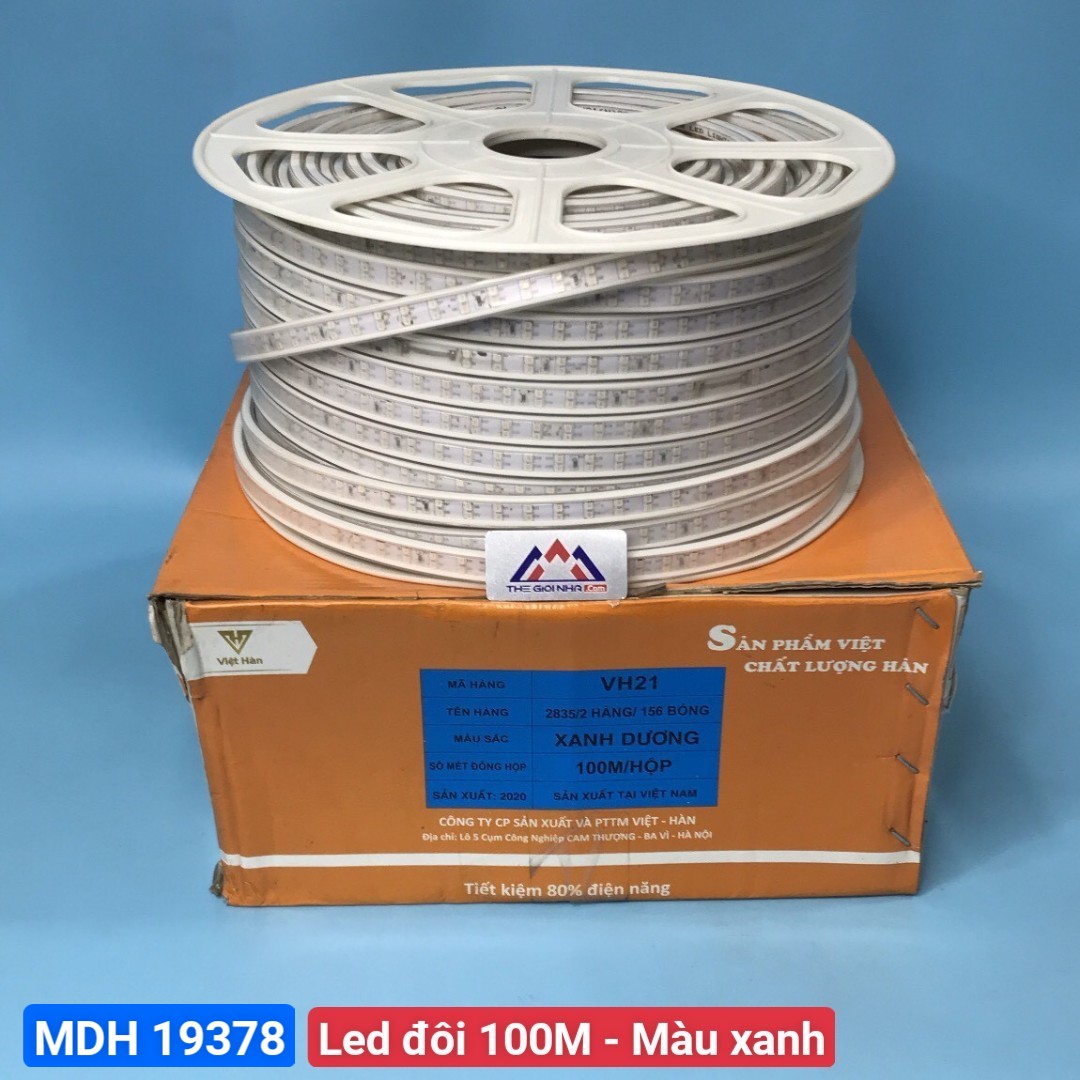Led dây Aladanh Việt Hàn 7-7.5w/m VH21N 2835/2 hàng/156 bóng, điện áp AC220V, ánh sáng xanh dương, cuộn 100m