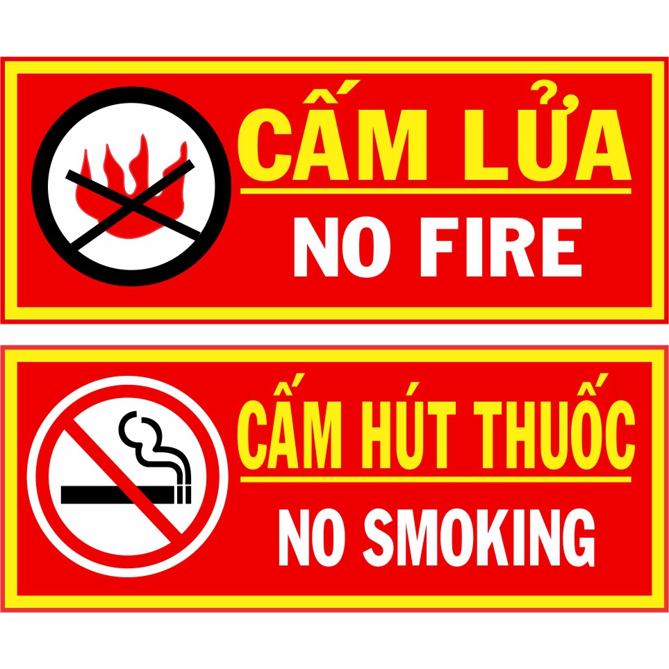 Bộ 2 bảng cấm lửa và cấm thuốc bằng thiếc (tôn), kích thước 18x40cm