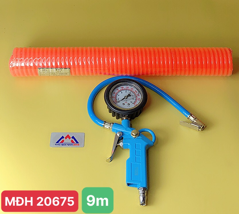 Combo Dây xoắn hơi 9m và đồng hồ bơm lốp có dầu Đài Loan