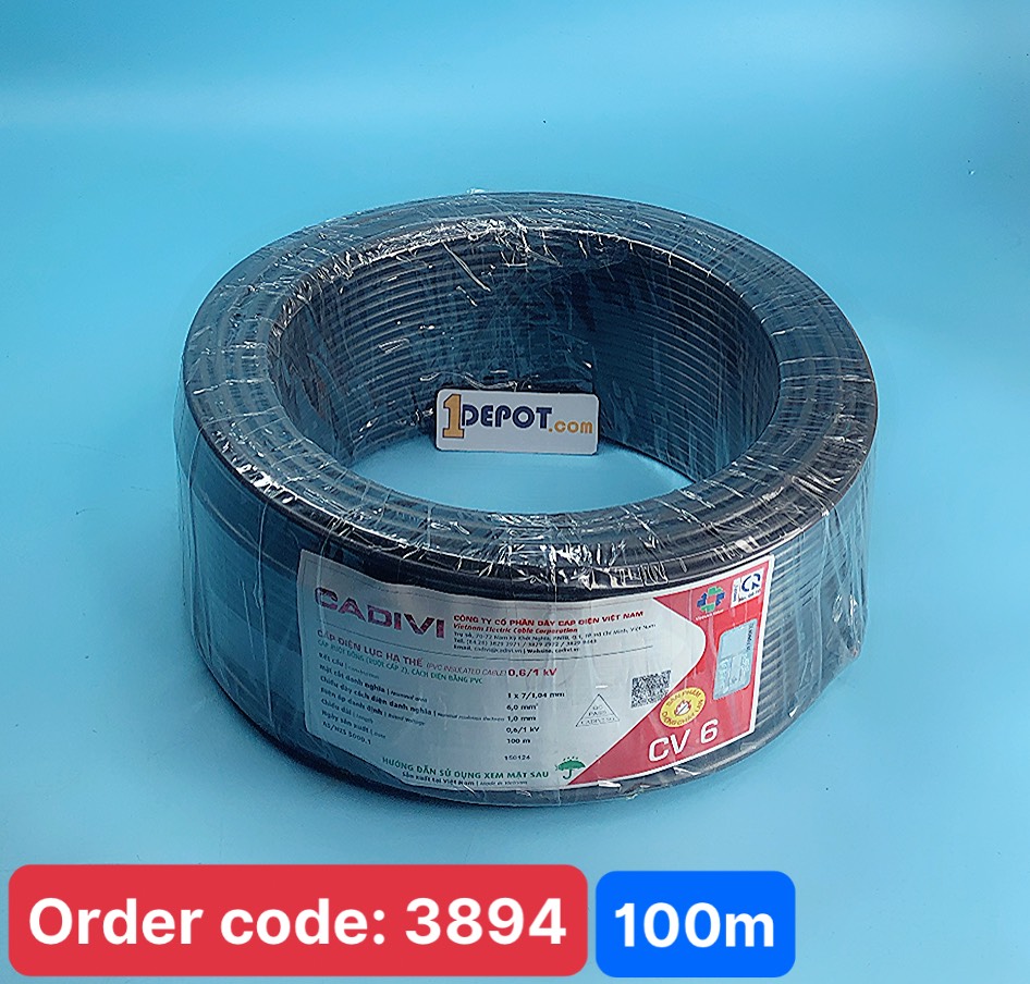 Dây điện đơn CV 6 Cadivi, màu đen, cuộn 100m