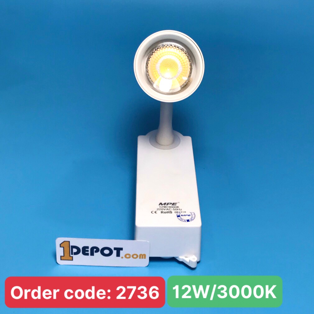 Đèn led chiếu điểm gắn thanh ray trắng 12W MPE TSL-12V, ánh sáng vàng, kích thước ø50x159mm, đóng gói 1 cái/hộp, 40 cái/thùng