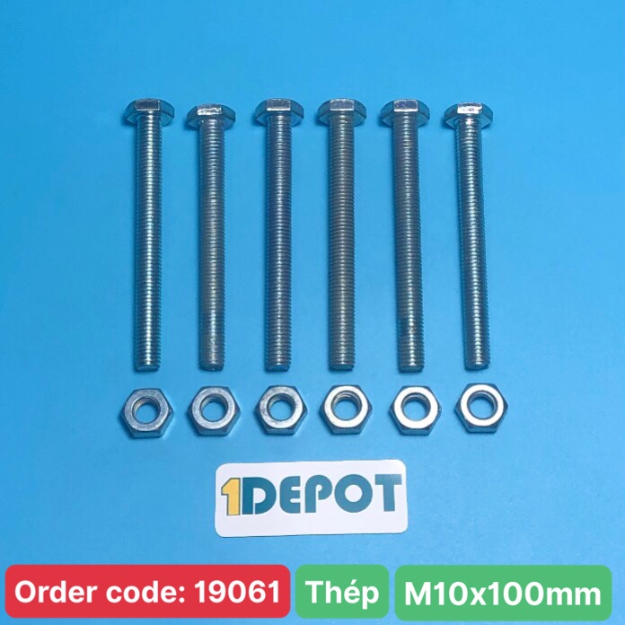 Bu lông đầu lục giác ngoài ren suốt M10, KT 10x100mm chất liệu thép mạ, đóng gói 100g