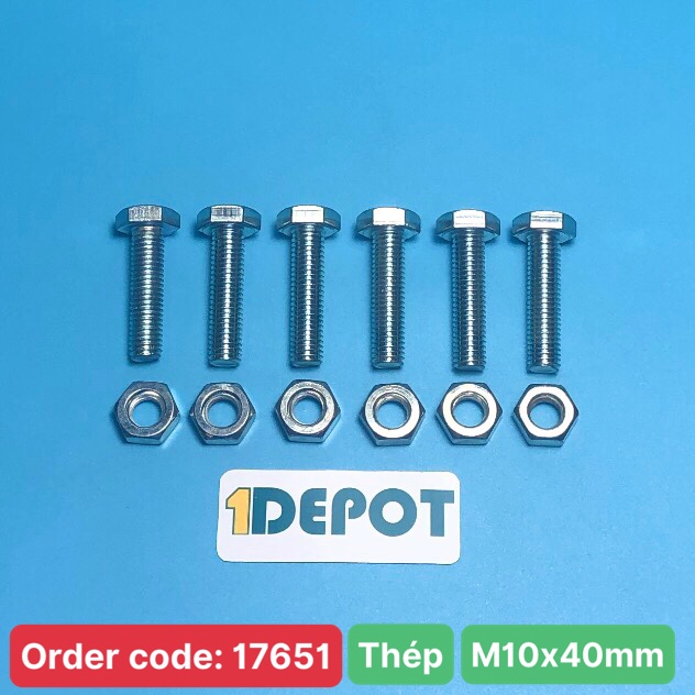 Bu lông đầu lục giác ngoài ren suốt M10, KT 10x40mm chất liệu thép mạ, đóng gói 100g