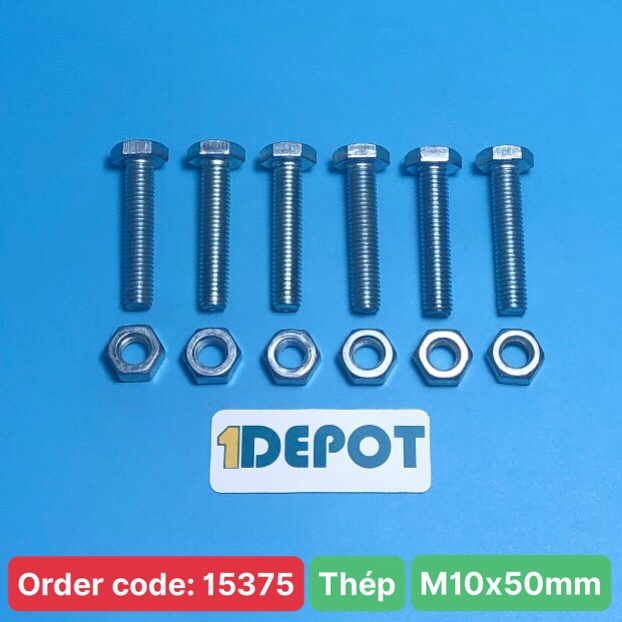 Bu lông đầu lục giác ngoài ren suốt M10, KT 10x50mm chất liệu thép mạ, đóng gói 100g