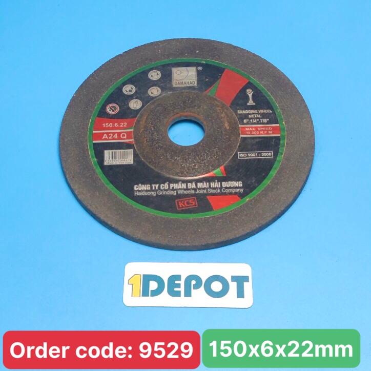 Đá mài kim loại bavia 150, thương hiệu DAMAHAD Hải Dương, kích thước 150x6x22mm, màu đen/xanh, đóng gói 25 viên/hộp