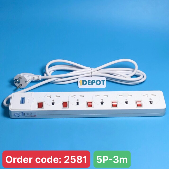 Ổ cắm điện 3 chấu MPE AM5S, có cầu chì bảo vệ, có công tắc riêng từng ổ, dây dài 3m