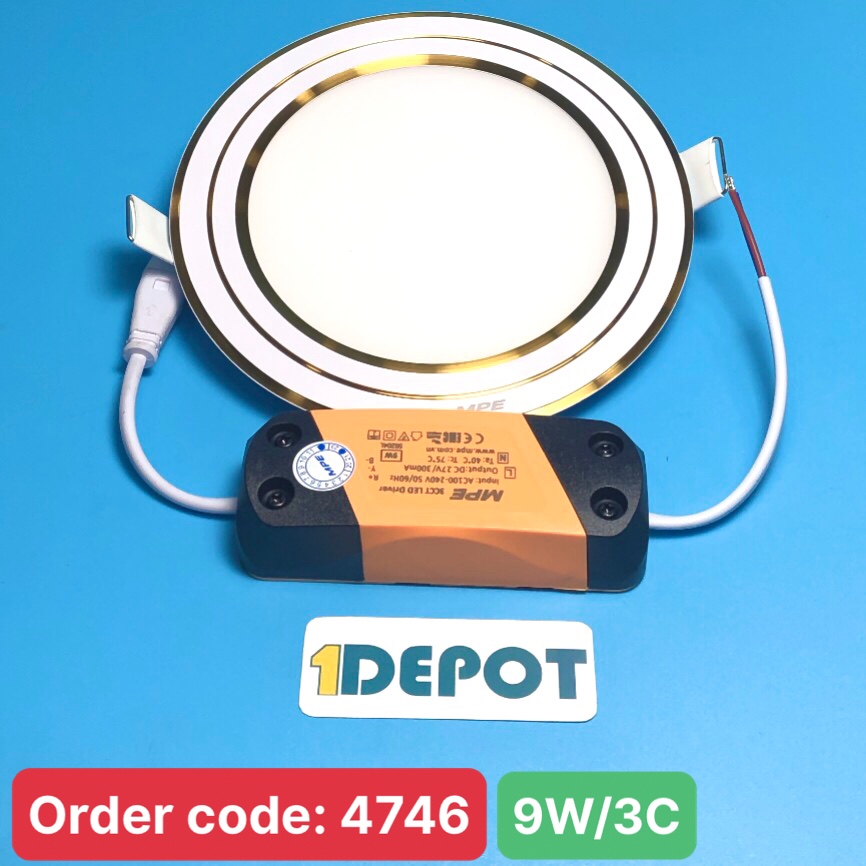 Đèn Led panel âm trần tròn, viền vàng 9W MPE RPL-9/3C/G 3 màu, KT Þ150x25 mm, đục lỗ Þ130 mm