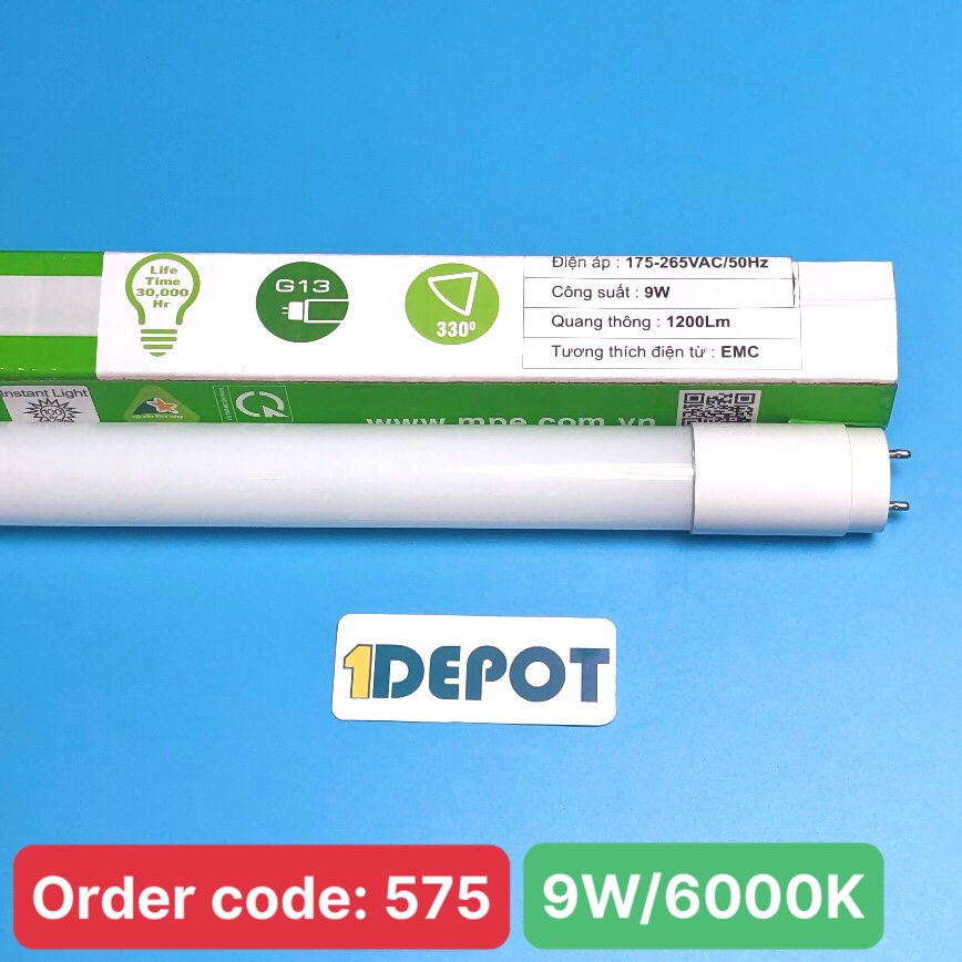 Đèn Led Tube thủy tinh 9W MPE GT8-60T, dài 0.6m, ánh sáng trắng