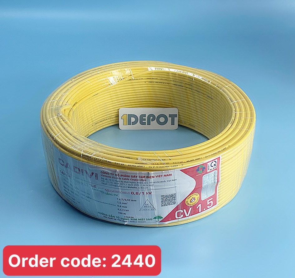 Dây điện đơn CV 1.5 Cadivi, màu vàng, cuộn 100m