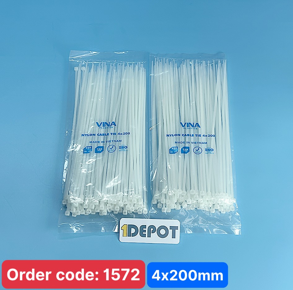 Dây rút nhựa 2 tấc 4x200mm, rộng 2.6mm, nhựa PA66 màu trắng, 100 sợi/gói