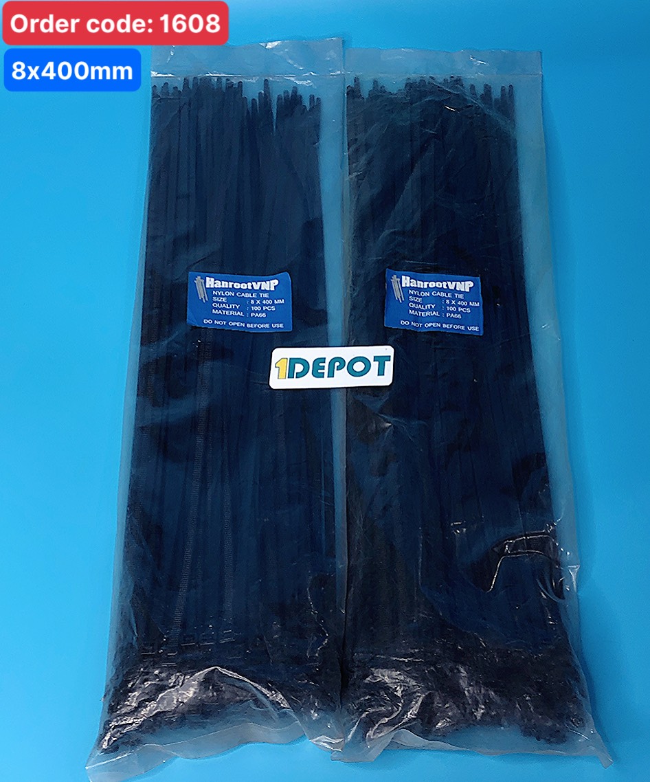 Dây rút nhựa 4 tấc, KT 8x400mm, rộng 5.3mm, màu đen, đóng gói 100 sợi/gói
