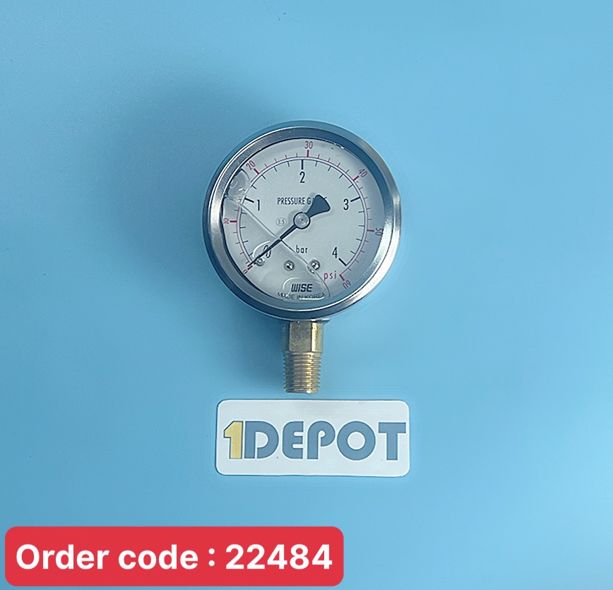 Đồng hồ đo áp suất Wise P254, 0-4 bar, 1/4''NPT- mặt 63mm - vỏ inox 304, chân đồng mạ niken, cấp chính xác 1.5%, Có dầu Glyceri