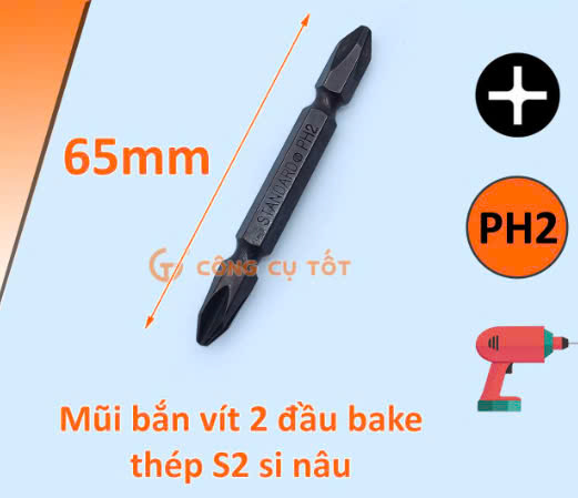 Mũi bắn vít 2 đầu bake thép S2 si nâu Standard dài 65mm, 10 cái/vỉ
