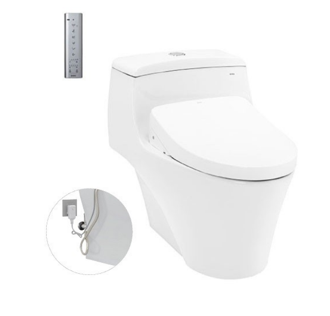 Bàn cầu một khối Toto MS823DRW11, kèm nắp rửa điện tử WASHLET dòng S7 TCF4911Z. Phụ kiện bao gồm bích nối sàn, van dừng và dây cấp