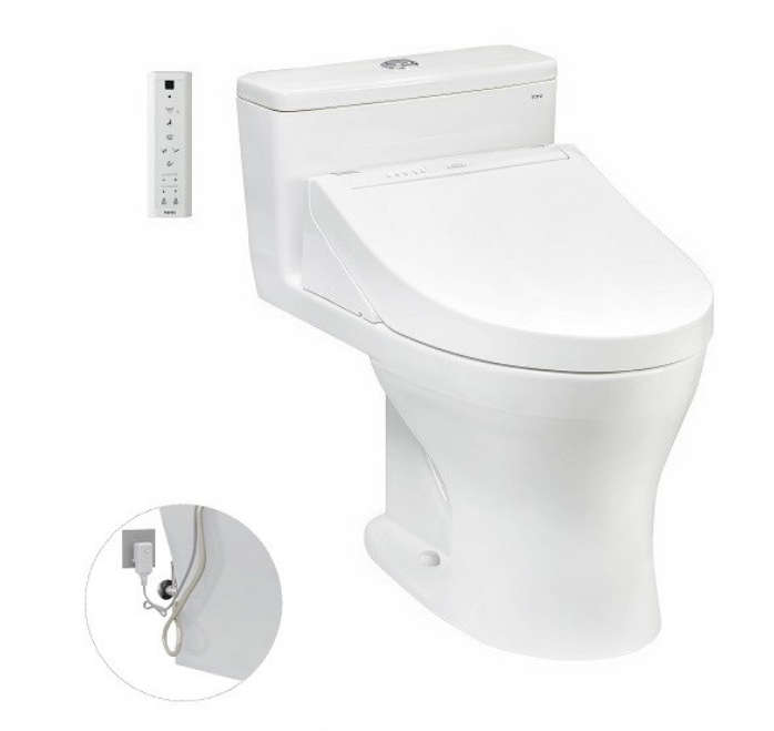 Bàn cầu một khối Toto MS855DW14, kèm nắp rửa điện tử WASHLET dòng C5. Phụ kiện bao gồm bích nối sàn, van dừng