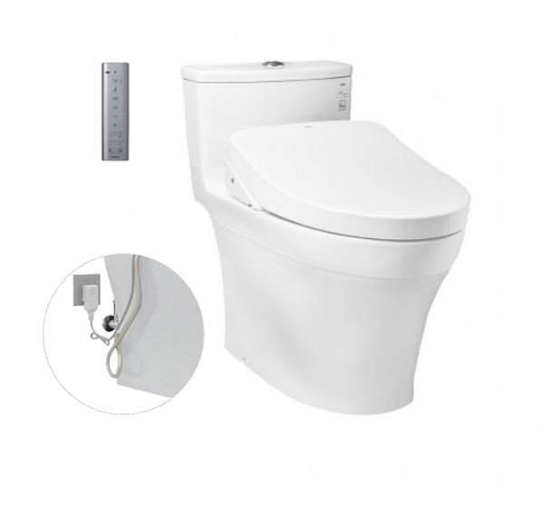 Bàn cầu một khối Toto MS885DW11, kèm nắp rửa điện tử WASHLET dòng S7. Phụ kiện bao gồm bích nối sàn, van dừng