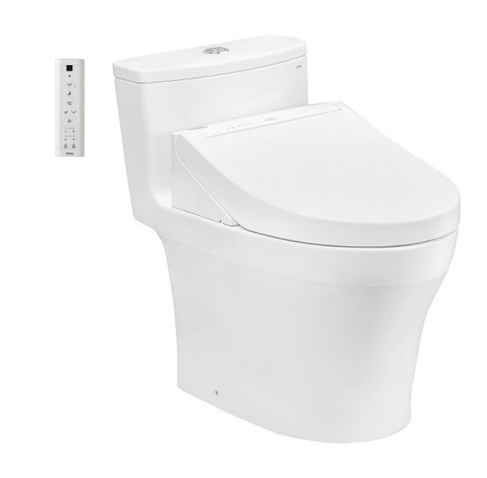 Bàn cầu một khối Toto MS885DW14, kèm nắp rửa điện tử WASHLET dòng C5. Phụ kiện bao gồm bích nối sàn, van dừng