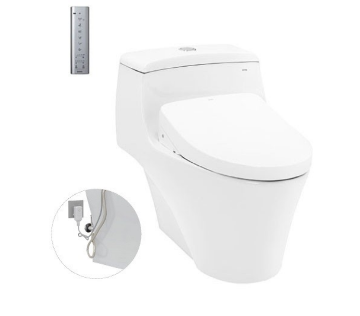 Bàn vệ sinh một khối Toto MS889CDRW12, kèm nắp rửa bàn cầu điện tử WASHLET dòng S7. Phụ kiện bao gồm bích nối sàn, van dừng