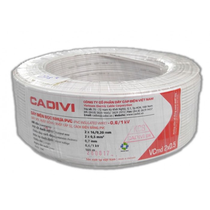 Dây điện đôi mềm Cadivi VCMD 2 x 0,5mm2 màu trắng, cuộn 100 mét, giá tính theo mét