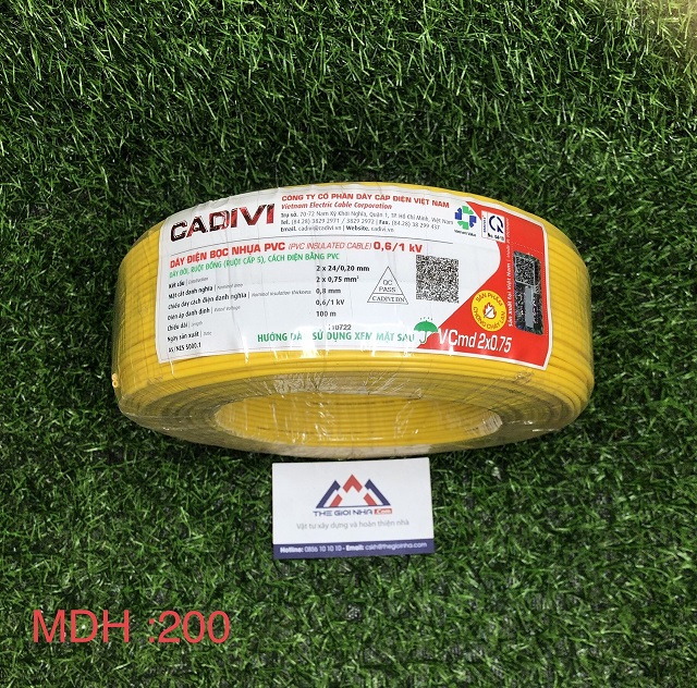 Dây điện Cadivi VCMD 2x0.75 màu vàng, 0.6/1KV, cuộn 100m, giá theo mét