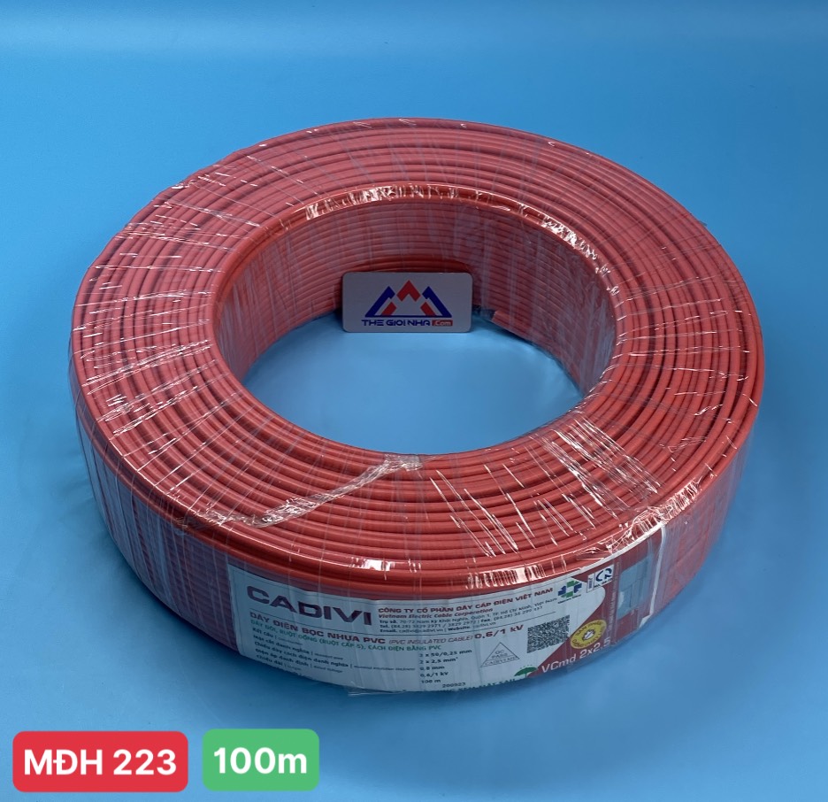 Dây điện Cadivi VCMD 2x2.5 màu đỏ, 0.6/1KV, cuộn 100m, giá theo mét