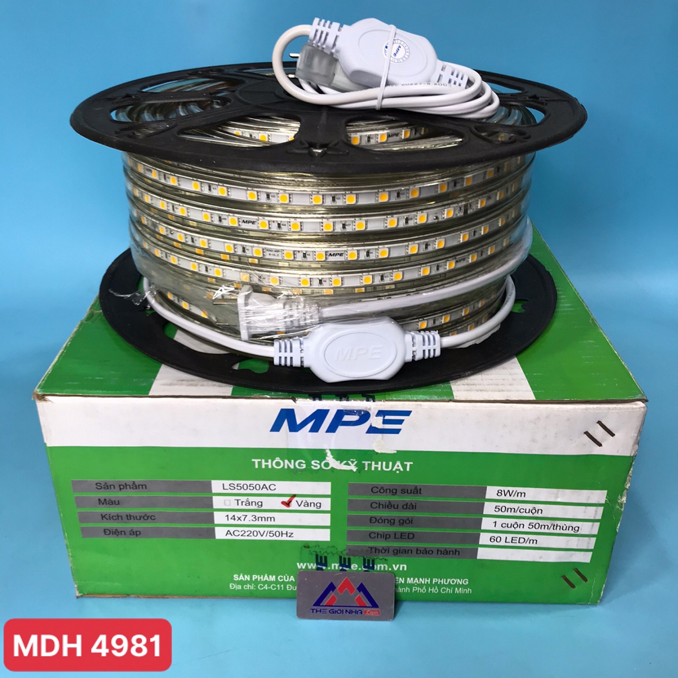 Đèn Led dây MPE Led Strip LS5050AC, ánh sáng vàng, công suất 8W/1m, 50m/cuộn