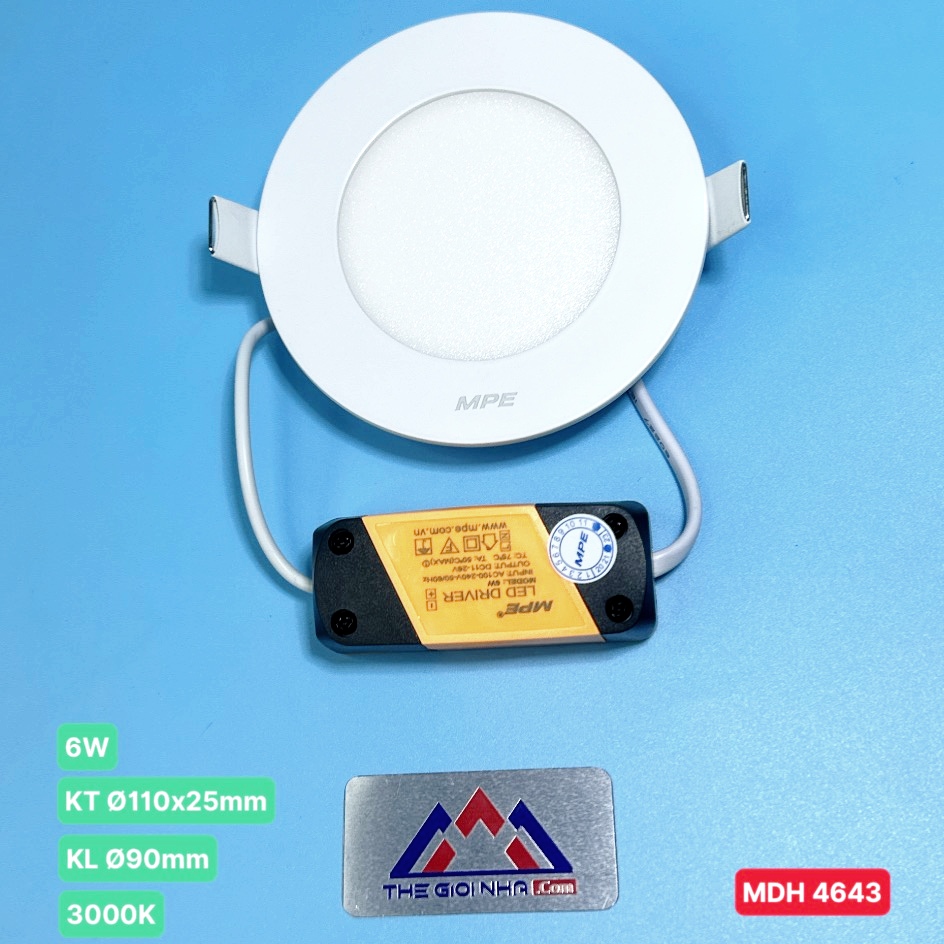 Đèn Led panel âm trần tròn 6W MPE RPL-6SV ánh sáng vàng, KT Þ110x22 mm, đực lỗ Þ90 mm