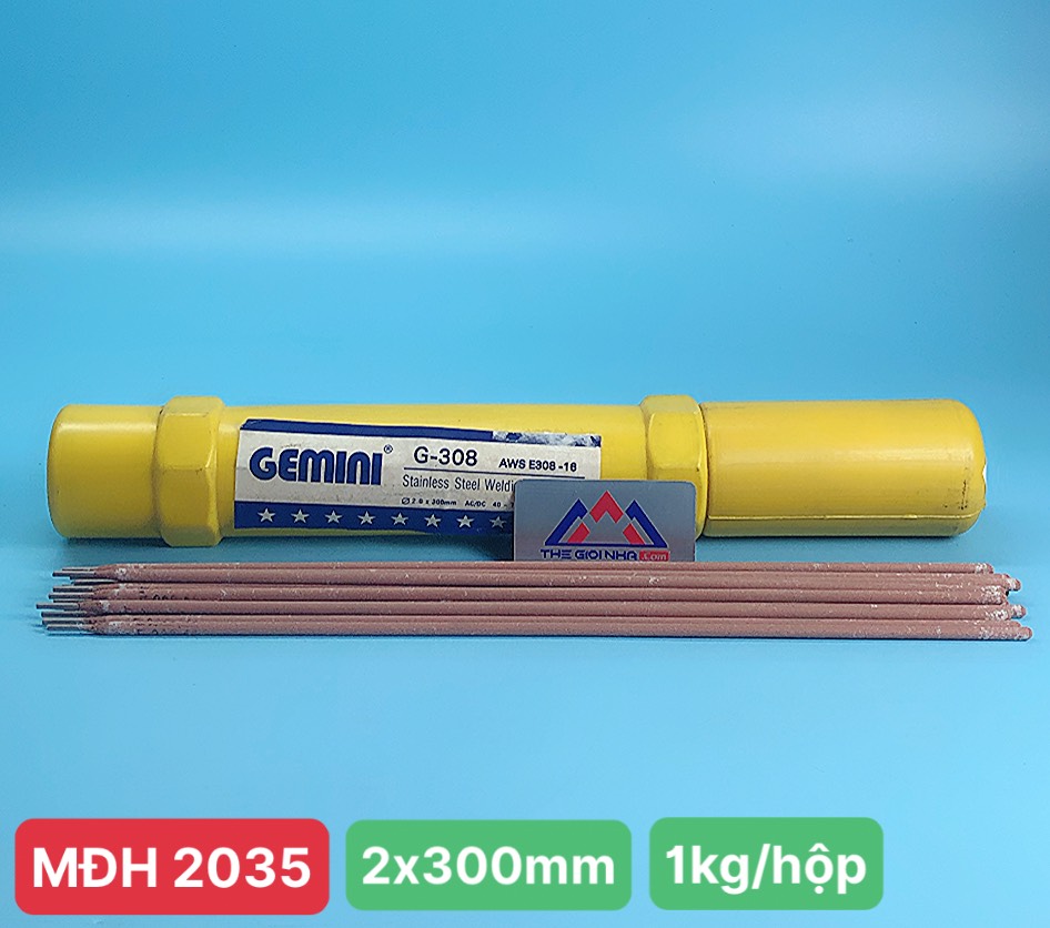 Que hàn inox 2.0mm Gemini Kim Tín G-308, kích thước 2.0x300mm, hộp/1 kg, 12 hộp/ thùng