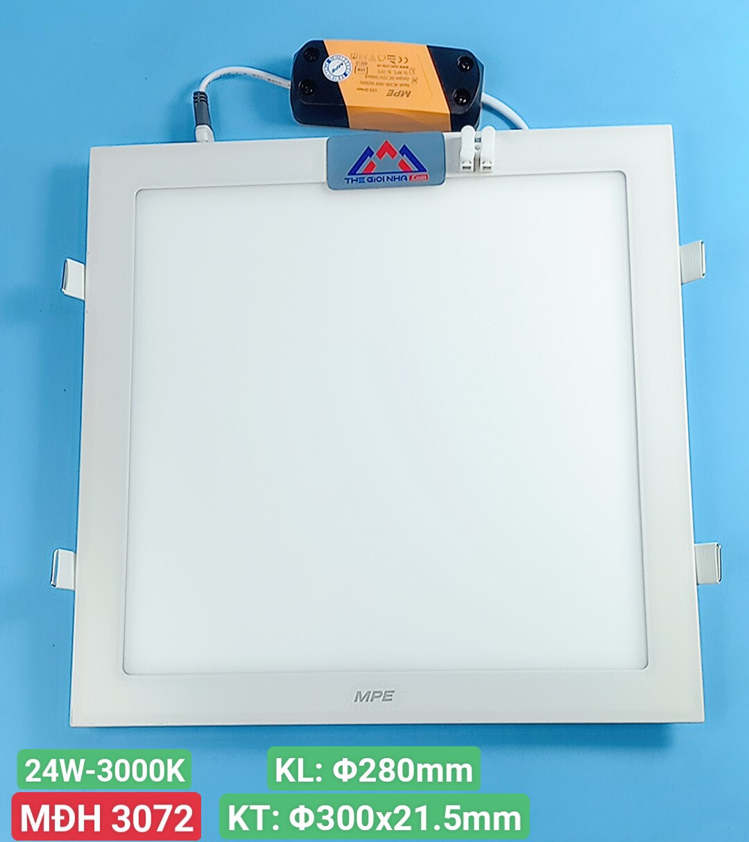 Đèn led panel âm trần vuông 24W MPE SPL-24V, ánh sáng vàng, KT 300x300x22 mm, đục lỗ 275x275 mm
