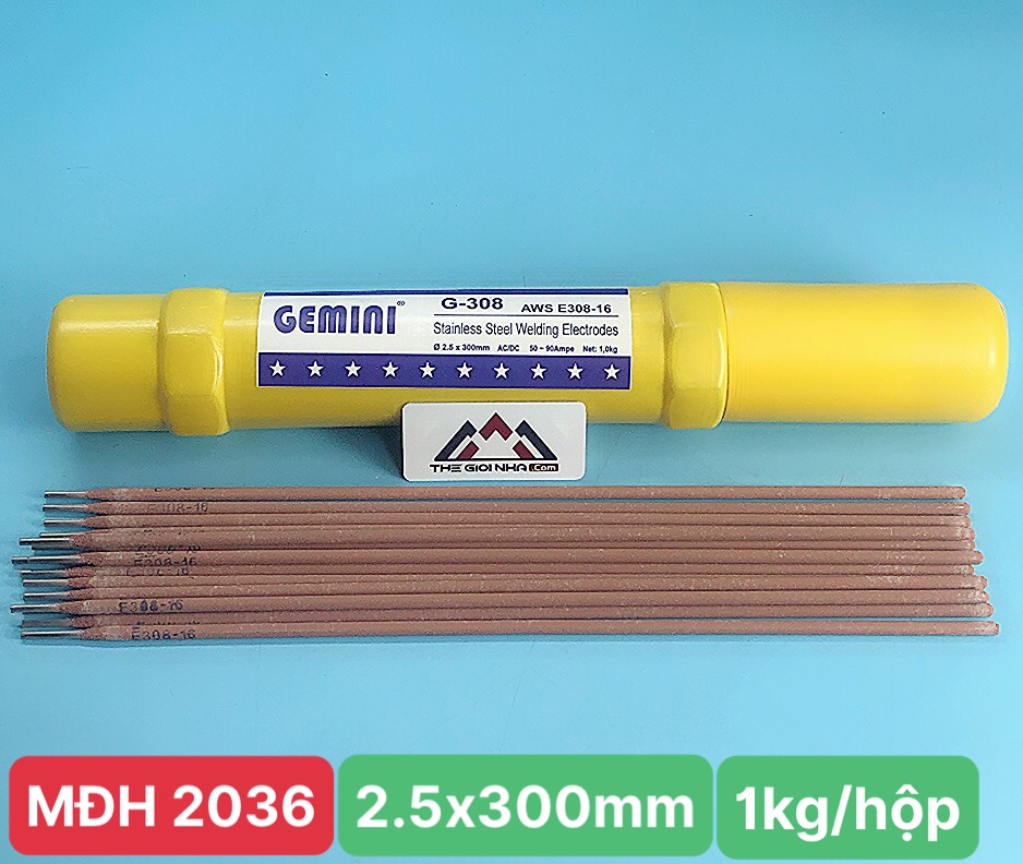 Que hàn inox 2.5mm Gemini G-308, kích thước 2.5x300mm, hộp/1 kg, 12 hộp/ thùng