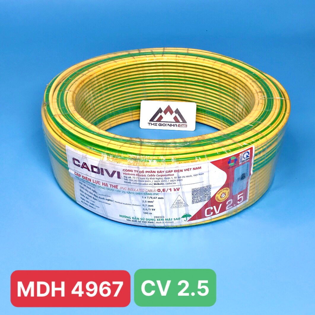 Dây tiếp đất, dây ter Cadivi CV 2.5 màu vàng xanh, cuộn 100m