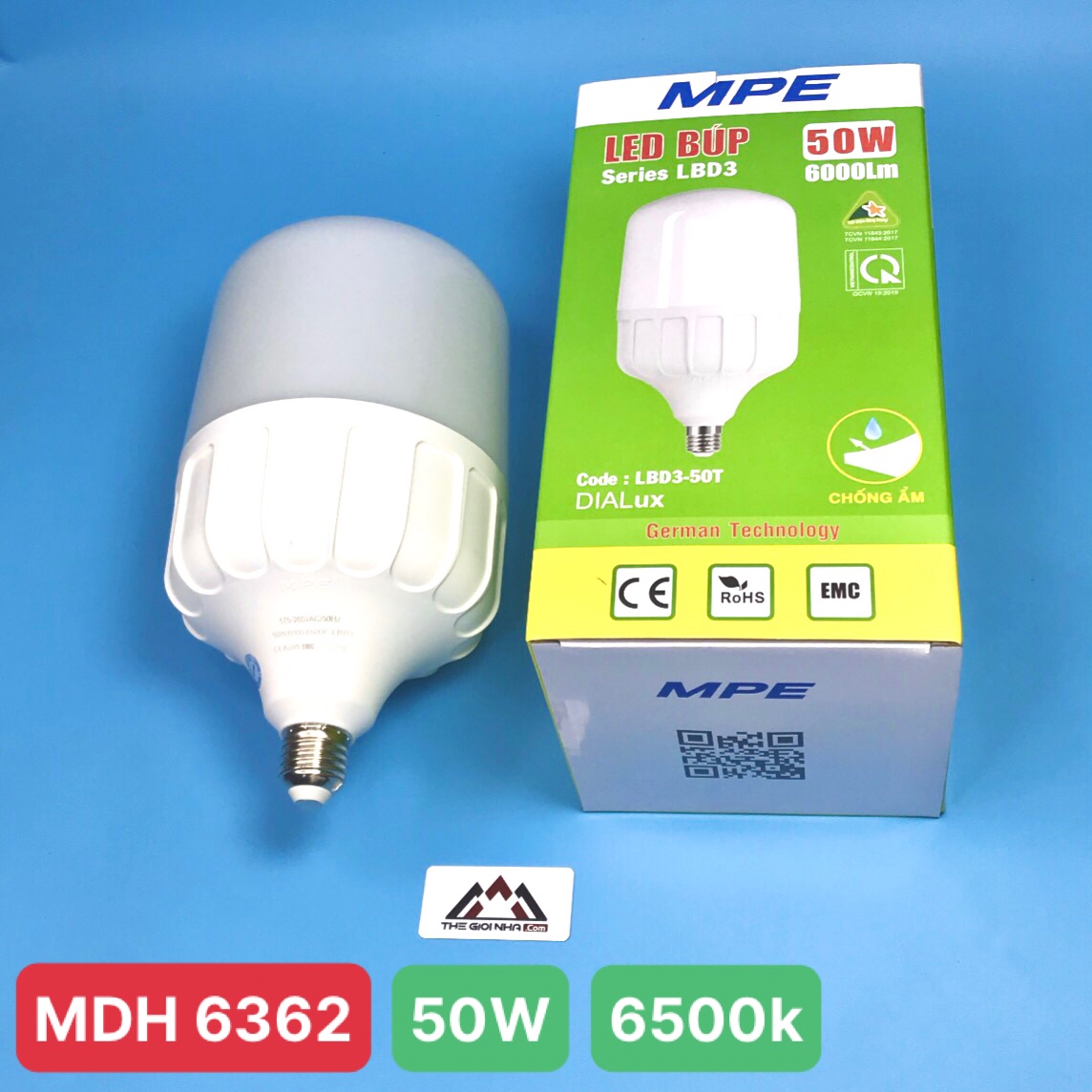 Đèn led Bulb chống ẩm 50W MPE, 138X260 mm - LBD3-50T ánh sáng trắng