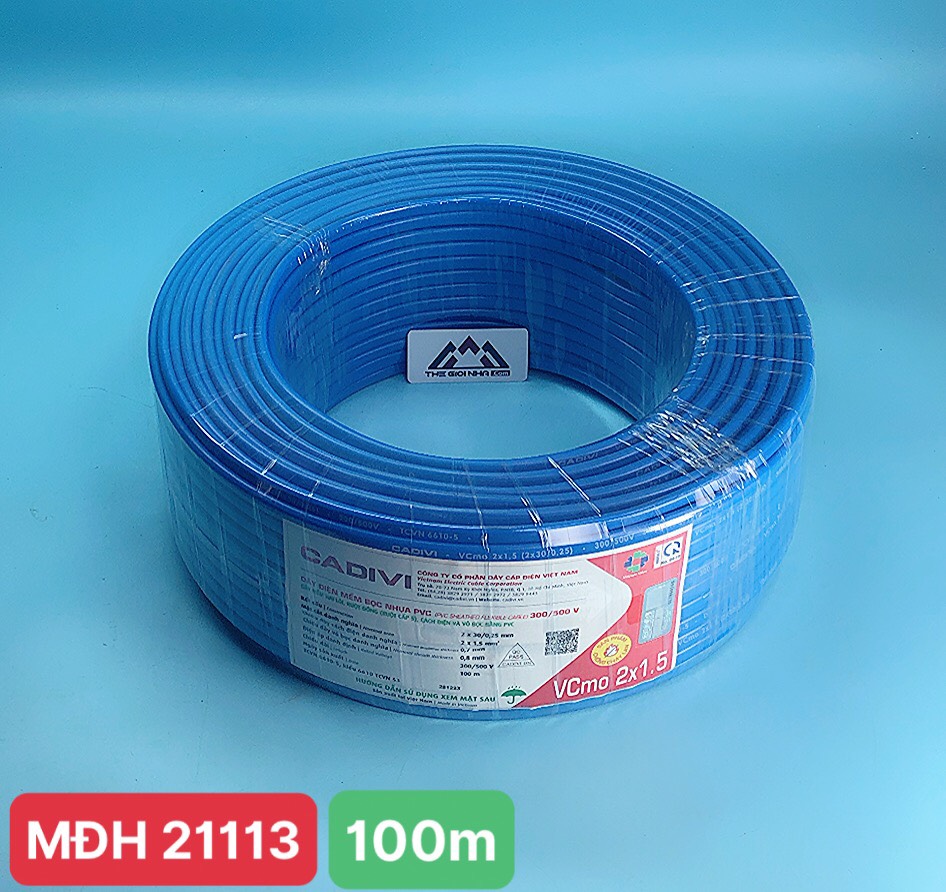 Dây cáp điện đôi mềm ovan Vcmo Cadivi 2x1,5 màu xanh, ruột đồng bọc nhựa PVC, cuộn 100 mét