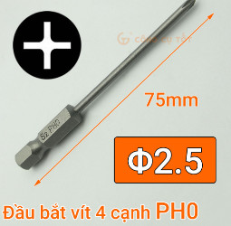 Đầu bắt vít 4 cạnh PH0 Φ2.5 dài 75mm chuôi lục thép S2