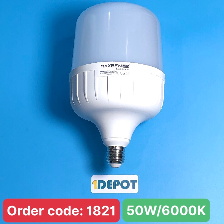 Đèn led bulb 50w 100-265vac MAXBEN BE27-MB-T127-50-T thân nhựa, ánh sáng trắng, đui đèn e27