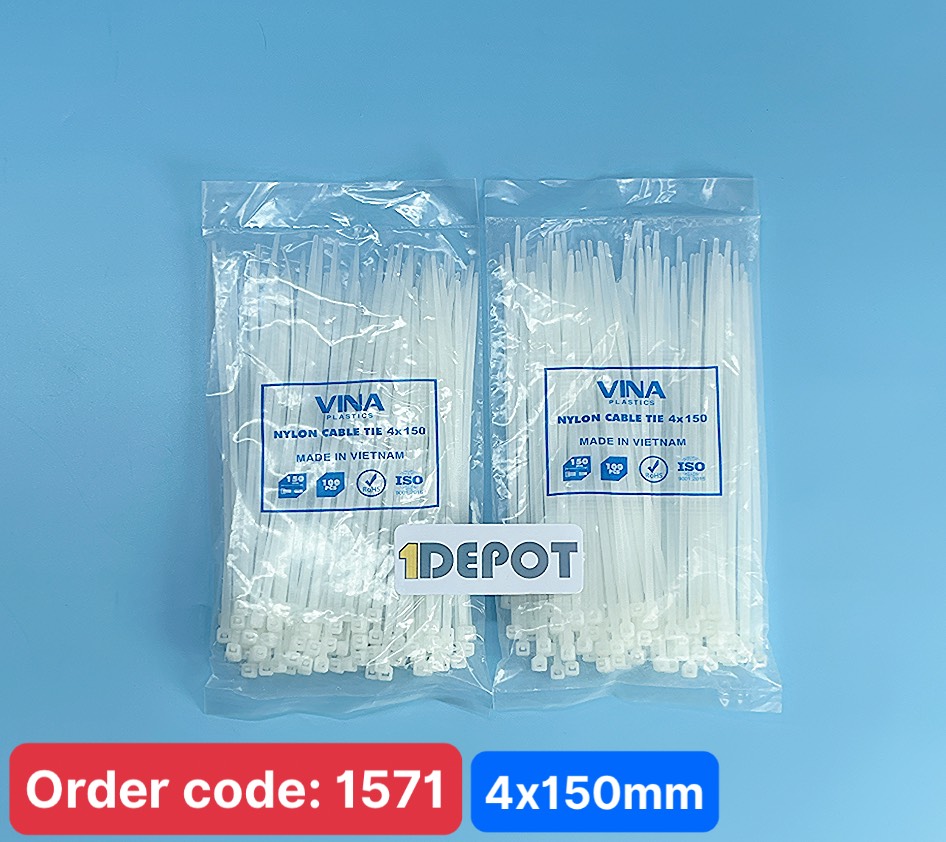 Dây rút nhựa 1.5 tấc 4x150mm, nhựa PA66 màu trắng, 100 sợi/gói